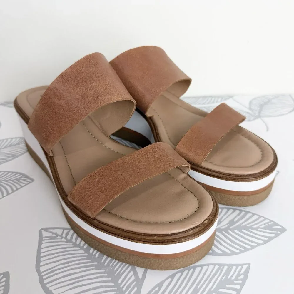 Lucky Brand Tavri Leather Platform Sandals Tan White Women’s 8